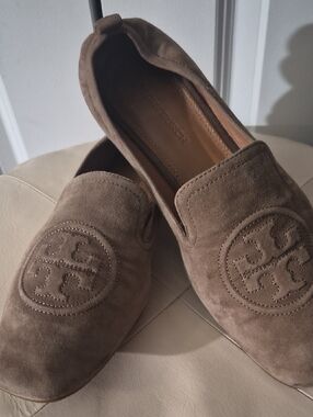 Tory Burch Taupe Suede Slip-On Loafers